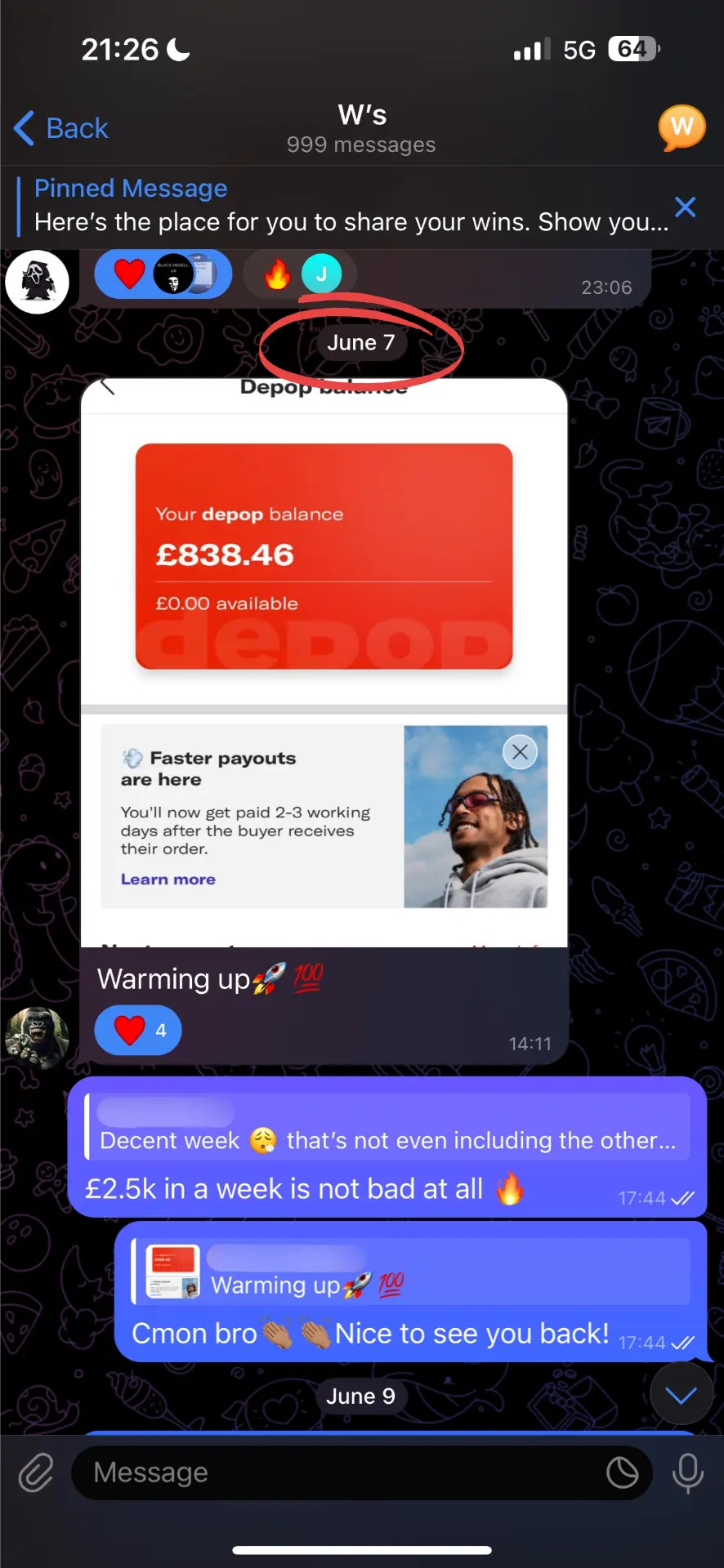 Telegram message sharing a Depop balance
