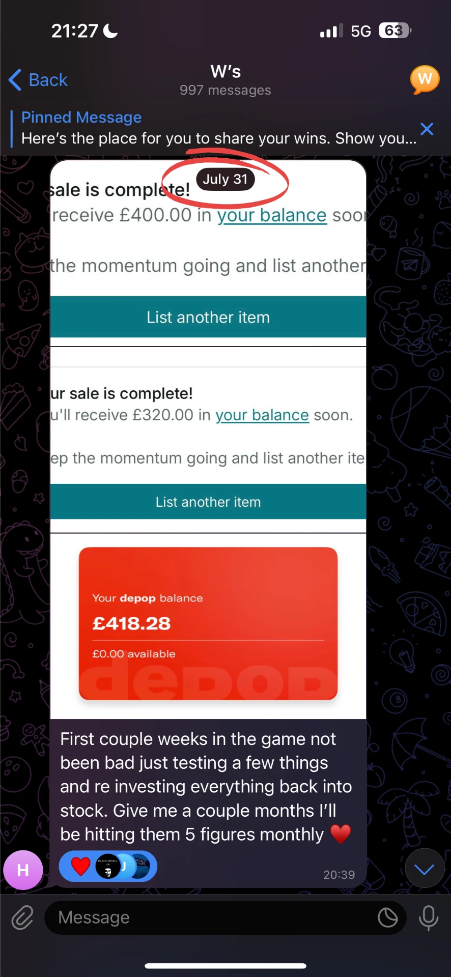 Telegram message sharing a Depop sales history and balance
