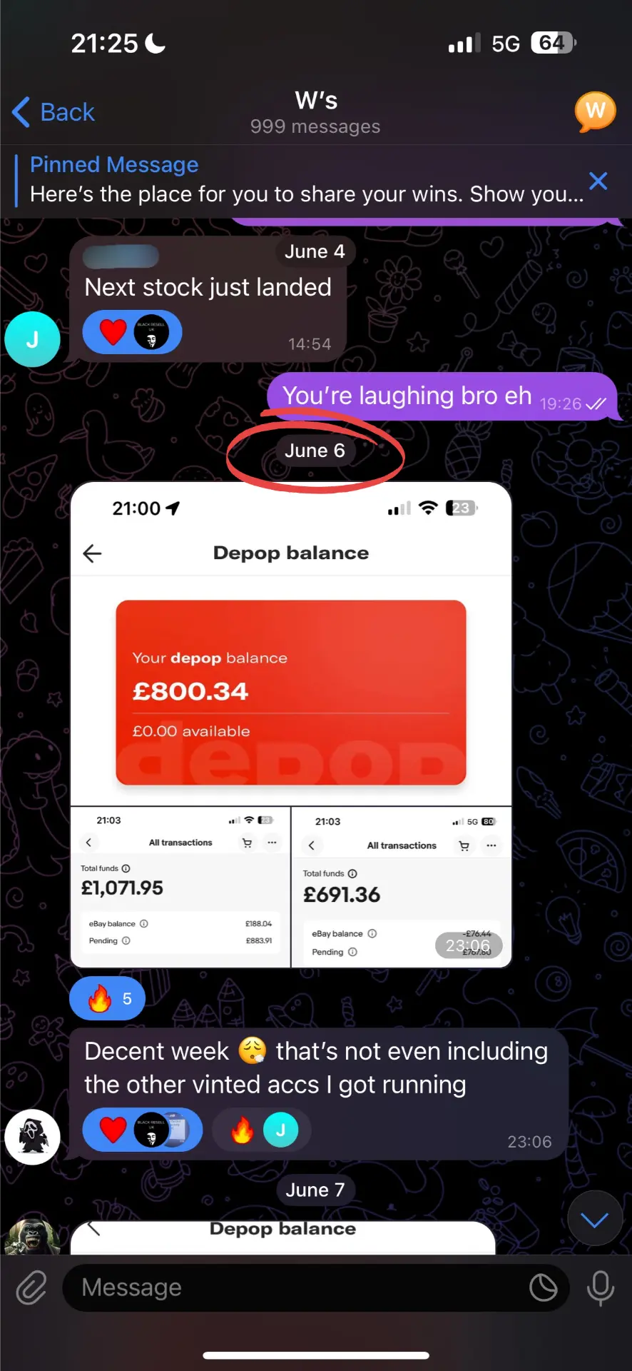 Telegram message sharing Depop and eBay account balances